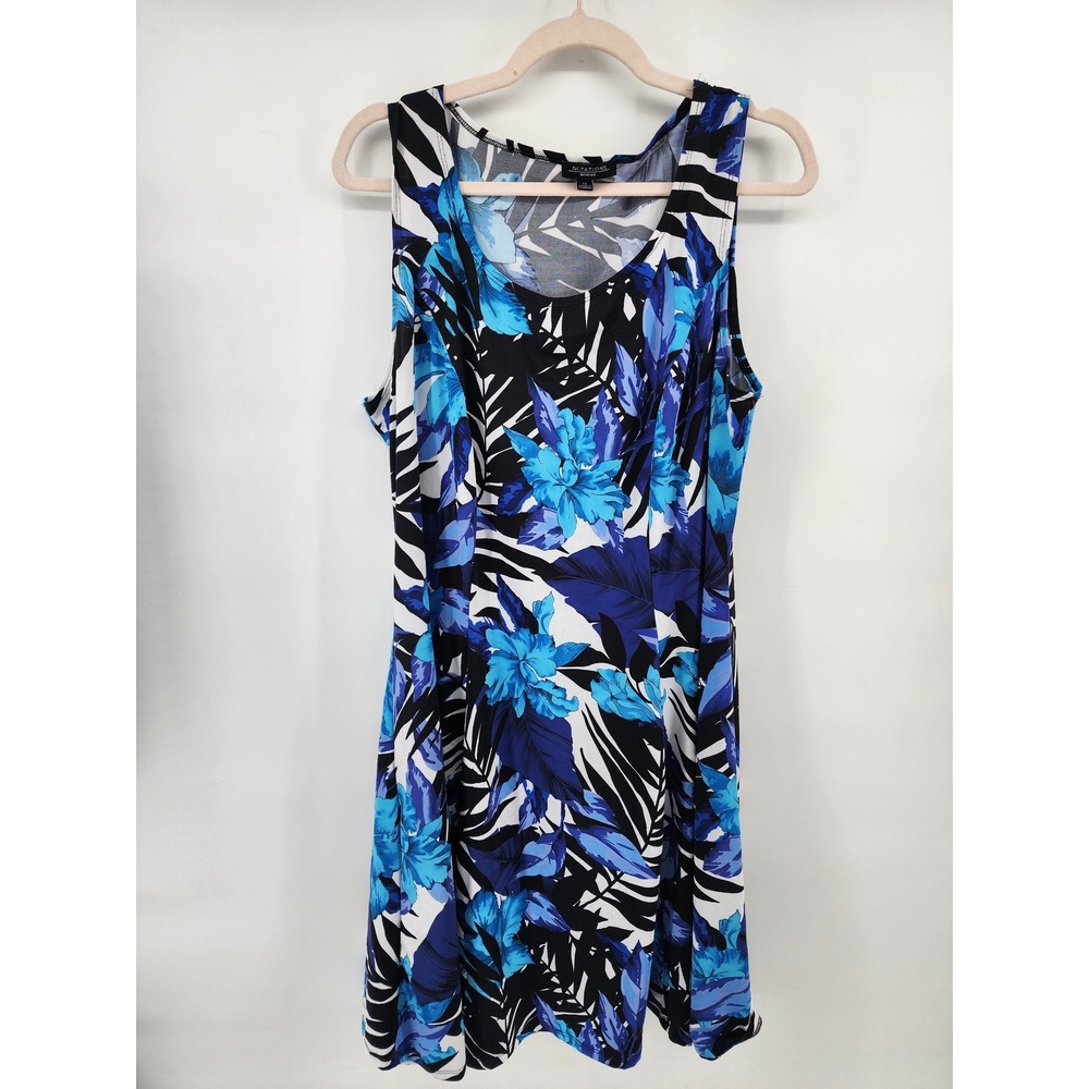 Notations Woman Blue Tropical Floral Palm Sleeveless Fit Flare Dress 1X